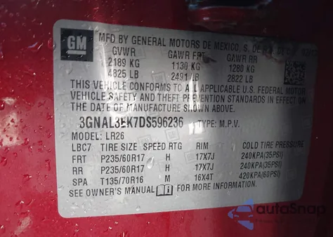 2013 Chevrolet Captiva Sport Lt from USA, damaged, VIN 3GNAL3EK7DS596236